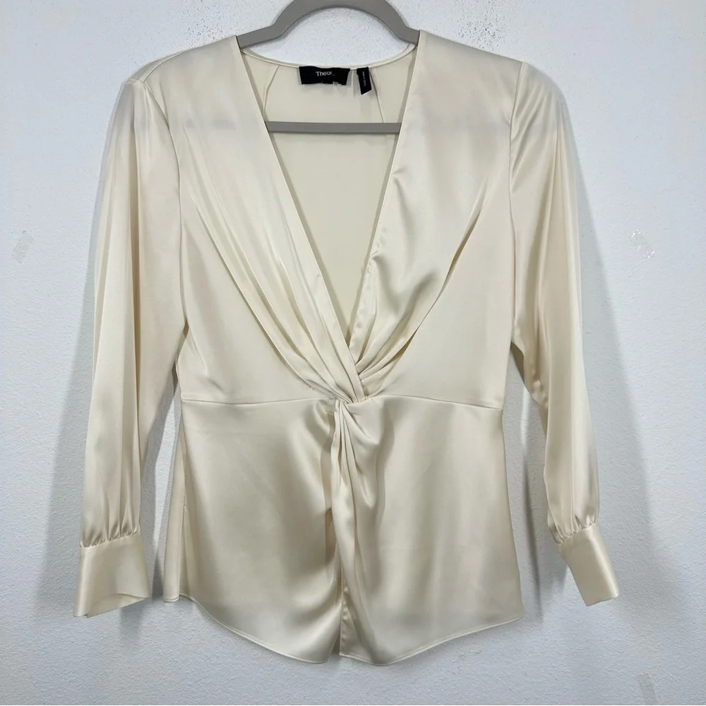 Theory Cream Satin Twist Front Romantic Blouse Size 0 Date Night Anniversary - Picture 2 of 9